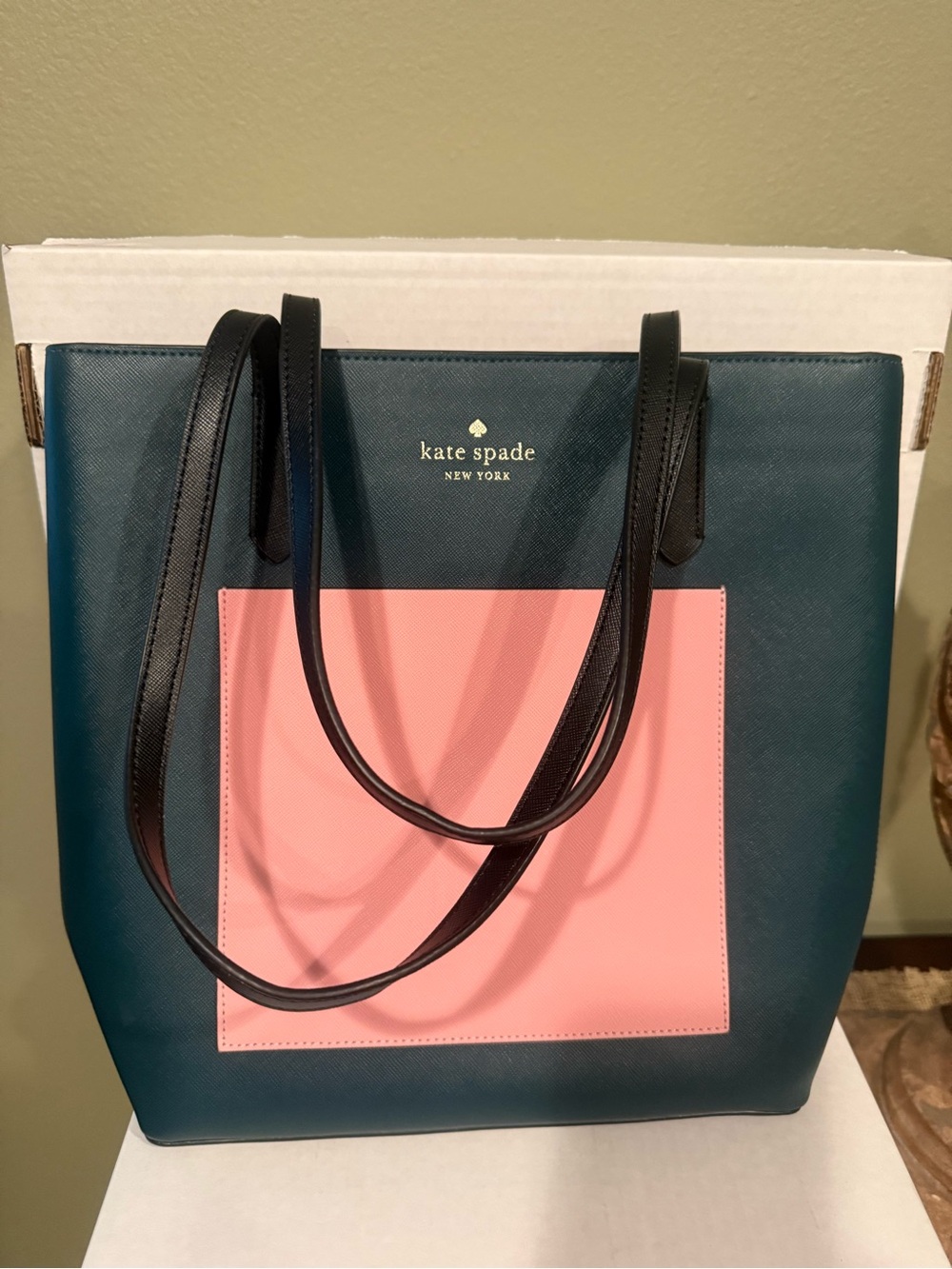 kate spade Green Tote with Pink Front Pocket and Black Straps